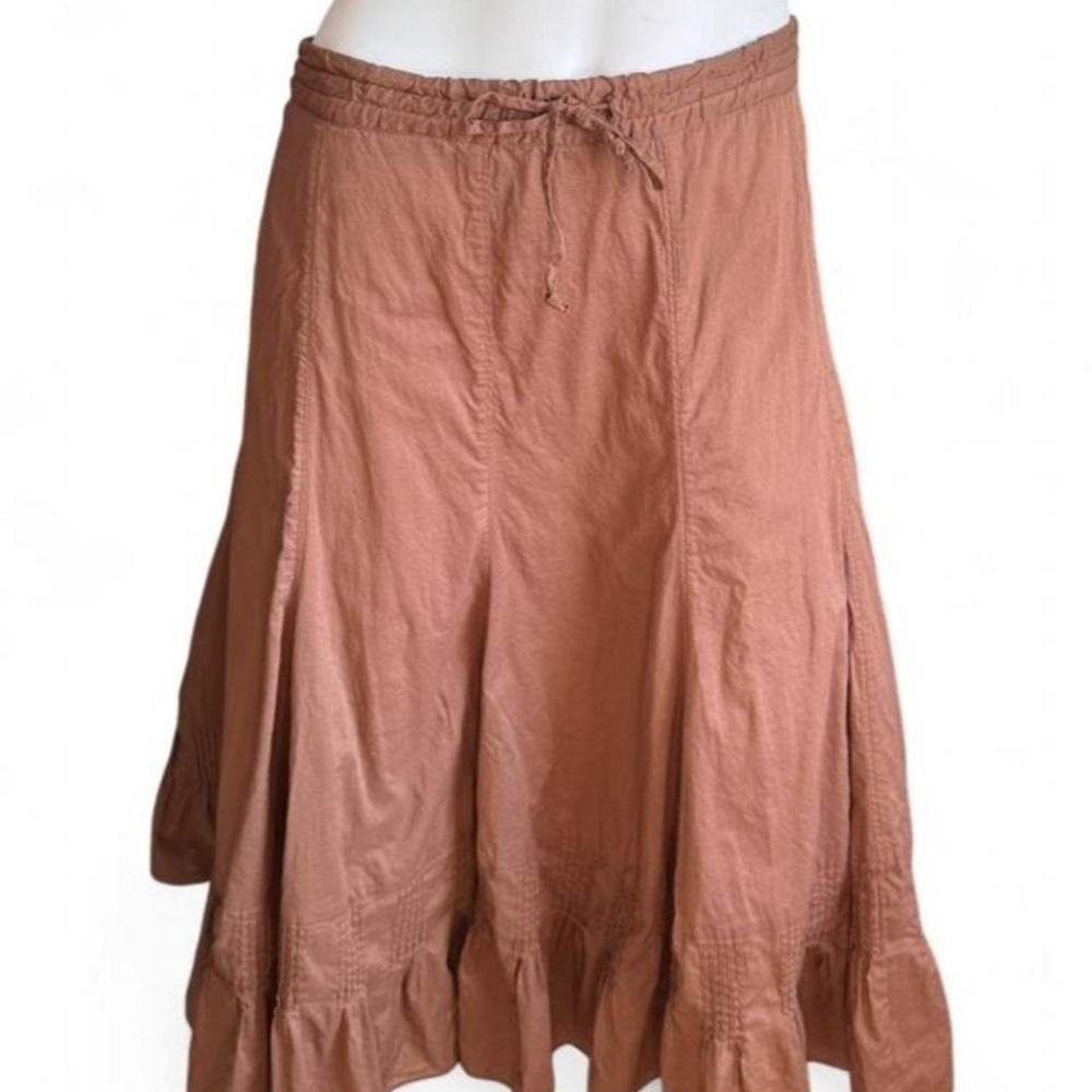 Flowy Brown Boho 100% Cotton Midi Skirt Asymmetrical Tiered Hem Lightweight
